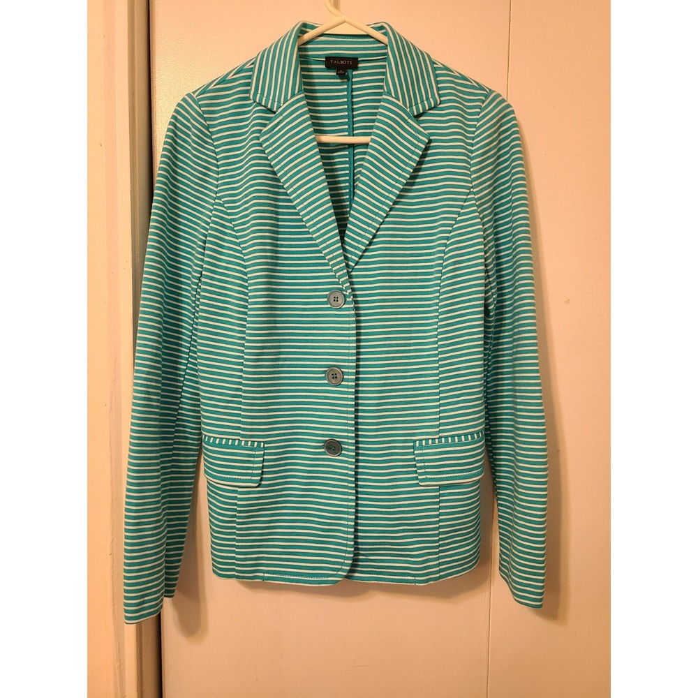 Talbots Women's Knit Blazer a turquoise and white striped pattern. Size Small